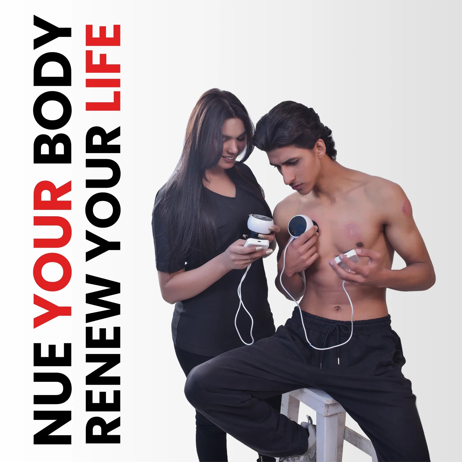 Two people using Nue Cupping Massager on their bodies.