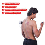 Man using nue Cupping Massager on his back with text highlighting benefits on a white background