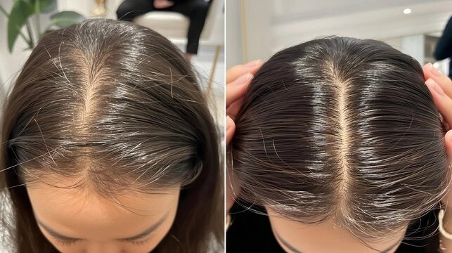 Before and after comparison of hair treatment on a person's head with Nue Scalp and hair Massager.