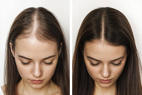 Side by side comparison of a woman with long hair by using Nue scalp Massager