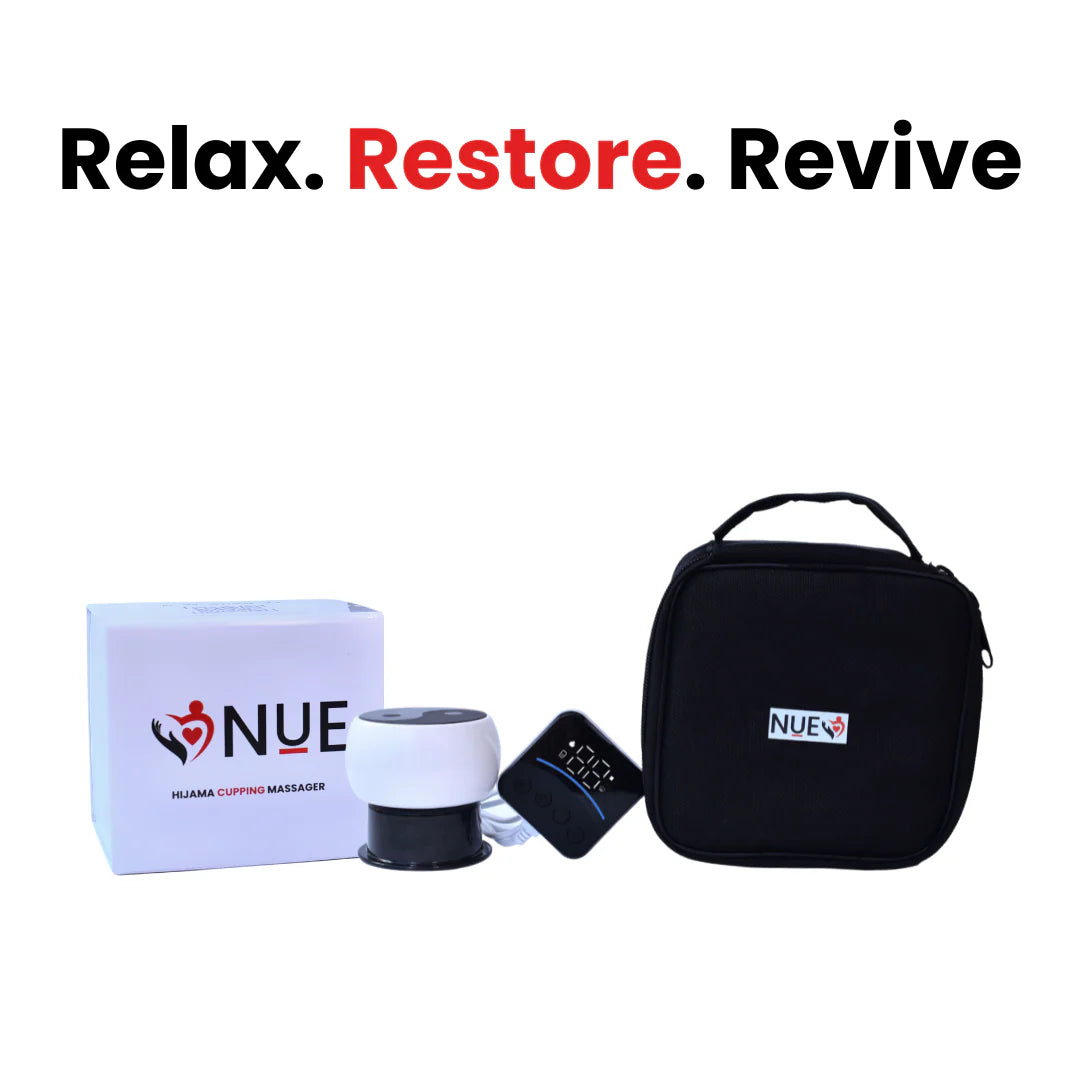 NUE Cupping Massager set with box, and carrying case on a white background