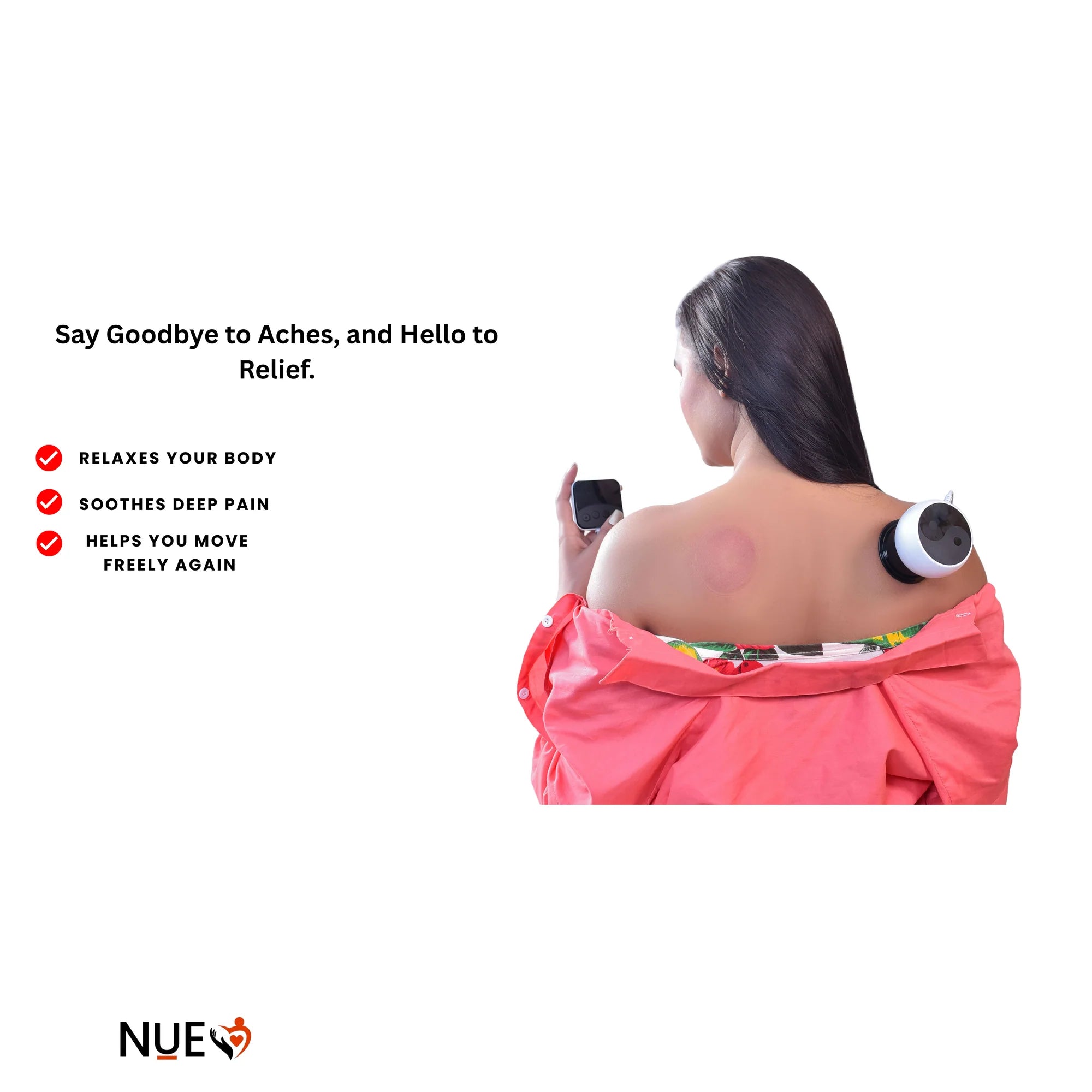 Woman using NUE Cupping Massager on her shoulder.