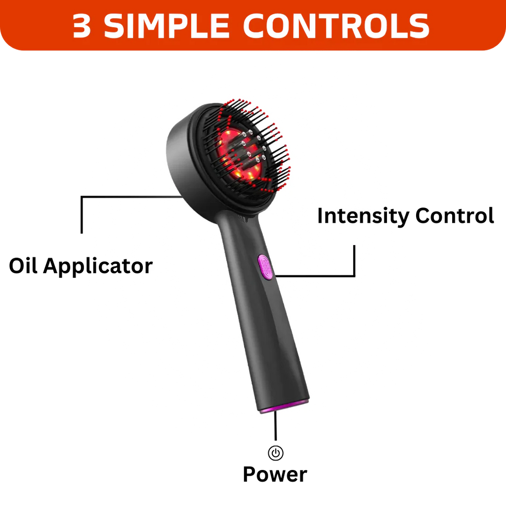 3 in 1 scalp massager with labeled controls on a white background