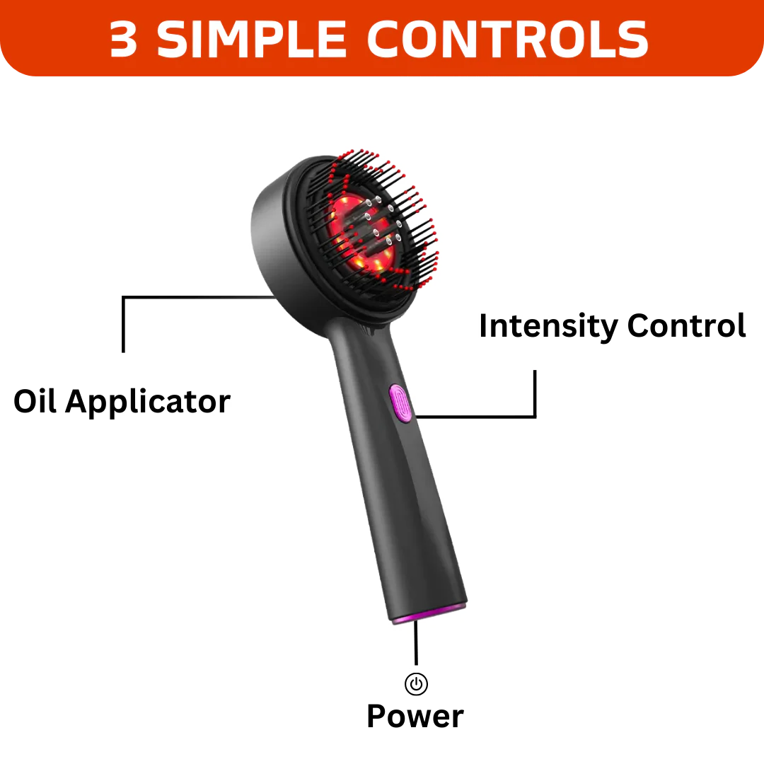 3 in 1 scalp massager with labeled controls on a white background