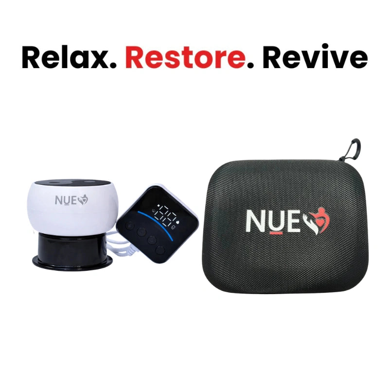 NUE device set with black carrying case on a white background