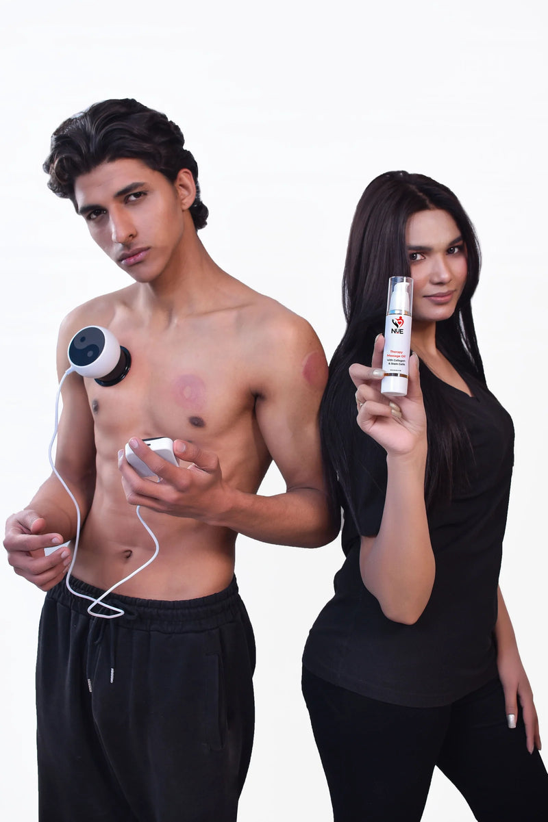 Man with Nue cupping massager on chest and woman holding a Nue therapy oil