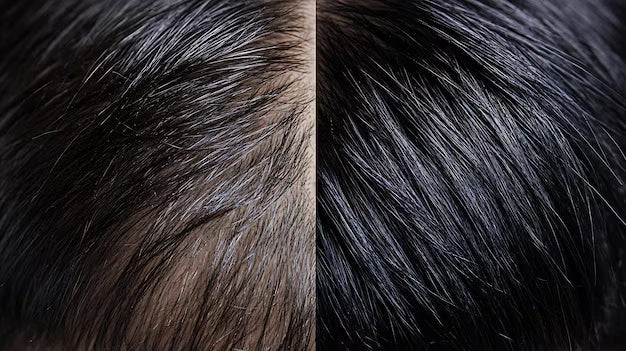 Close up of hair before and after use of NUE scalp massager brush
