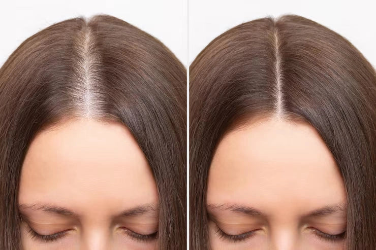 Side-by-side comparison of a woman's hair before and after treatment by using hair scalp massager