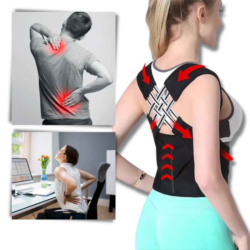Person wearing a back posture corrector showing discomfort and correct posture.
