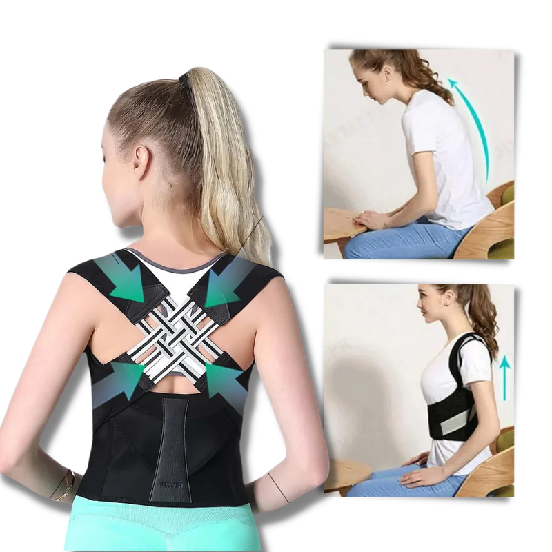 Woman wearing a back posture corrector with inset images showing its use.