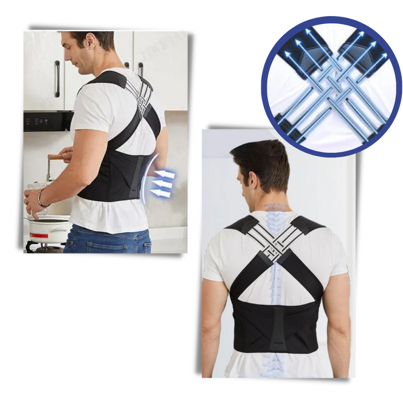 Back posture corrector wear  by a person with an inset showing the posture corrector design.