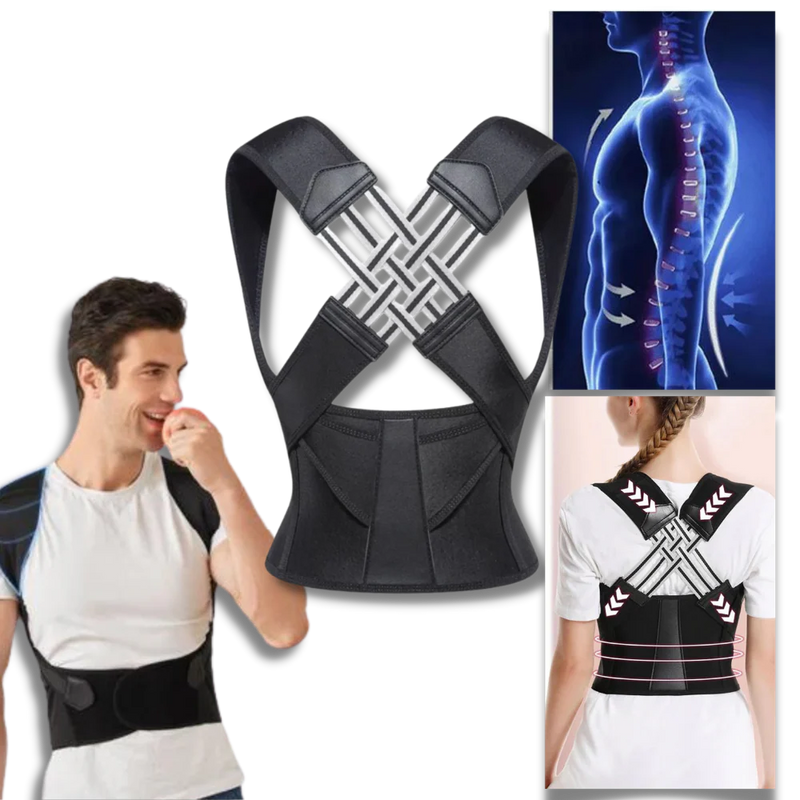 Black posture corrector with a man and woman wearing it, and an X-ray of a spine.