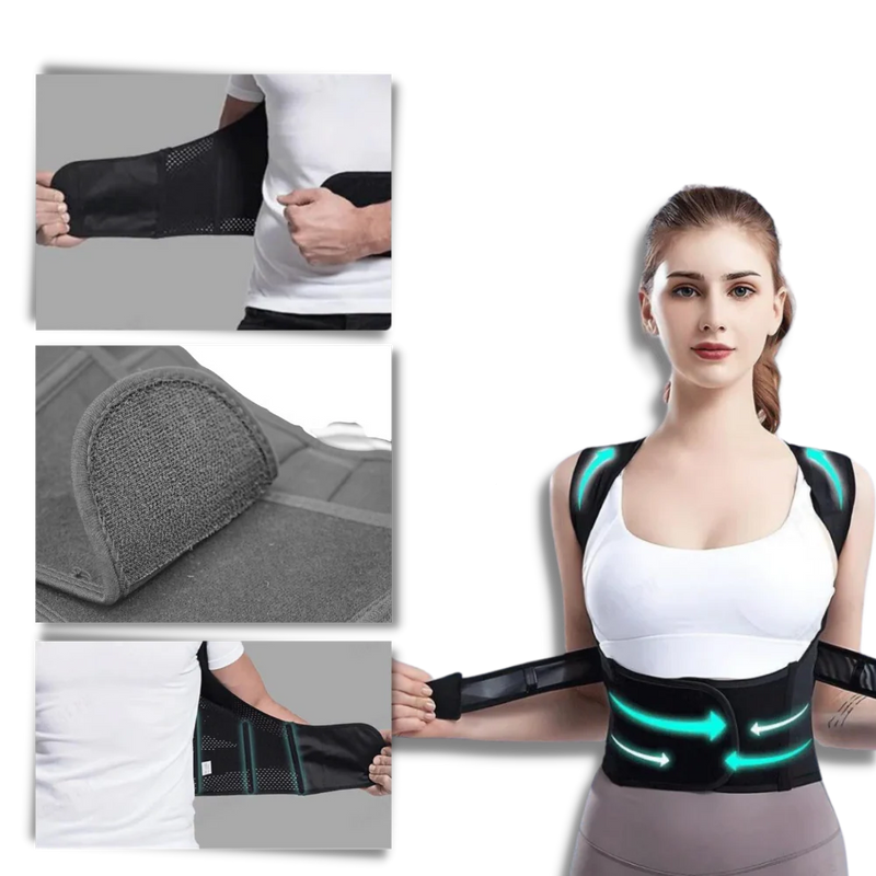 Woman wearing a back posture corrector with additional images of the posture corrector on a white background.