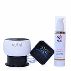 NUE device, control panel, and massage oil on a white background