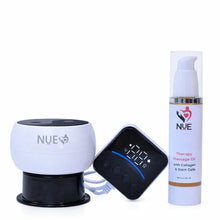 NUE device, control panel, and massage oil on a white background